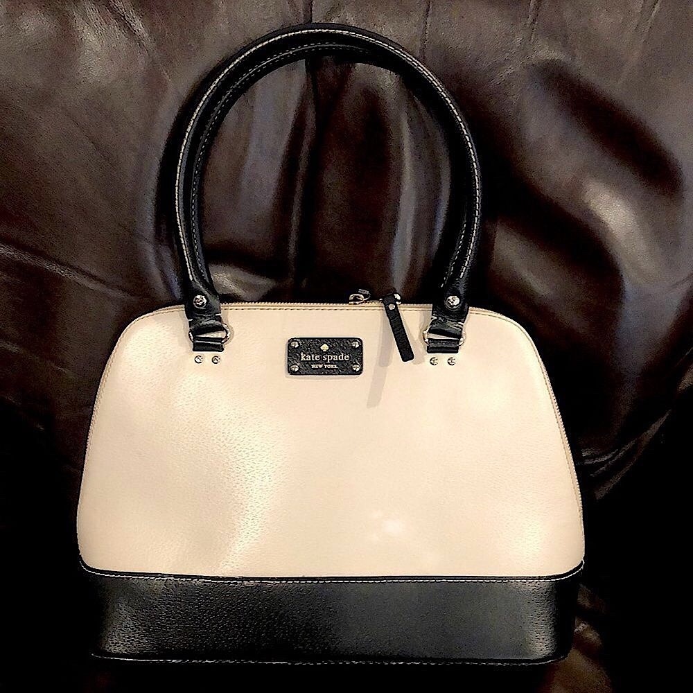 KATE SPADE Wellesley Street Cream & Black Leather Dome Shaped Gold Satchel Bag